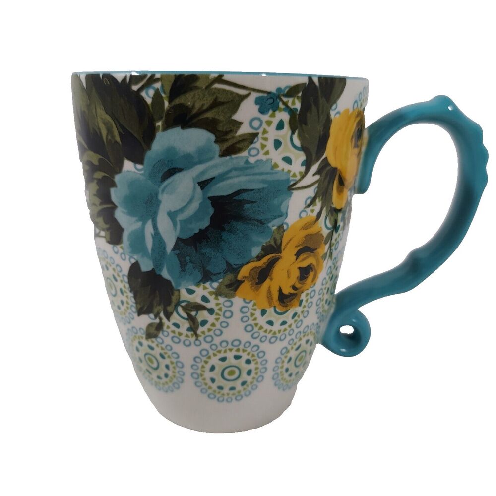 Pioneer Woman Rose Shadow Lg Jumbo Latte Coffee Mug Turquoise Yellow Roses 24 oz